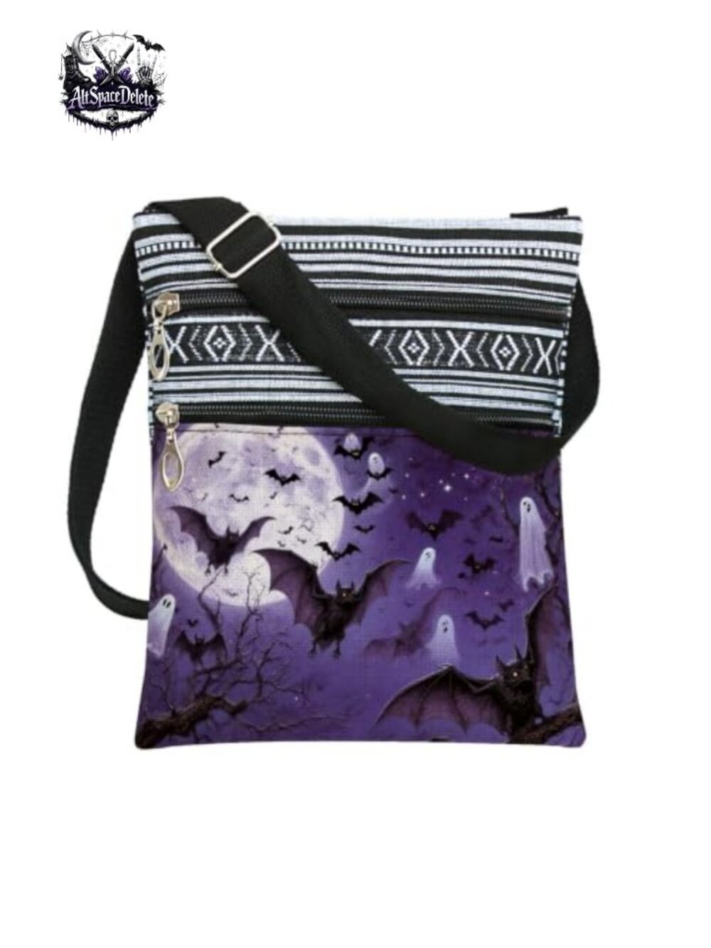 Halloween Night Bat Ghost Print Crossbody Bag Adjustable Strap Zipper